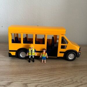 Playmobil School Bus and 2 Figures 2011 + 2007 Missing‎ Door and Stop Sign